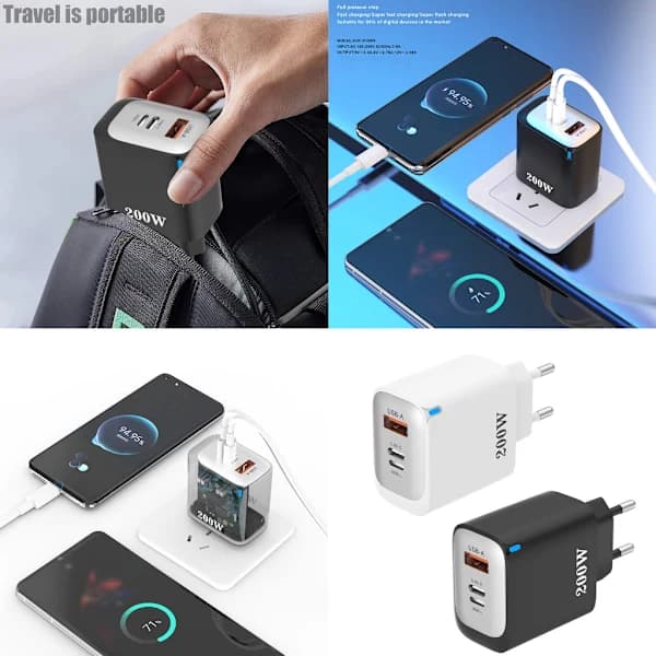 Bærbar 200W 3 i 1 USB C USB A USB L Hurtigoplader med Smarteste Chipteknologi til Effektiv Opladning af Enheder Sort