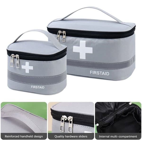 Set med 2 första hjälpen-kit, tomma medicinväskor, första hjälpen-väska, bärbara grå medicinväskor (B)