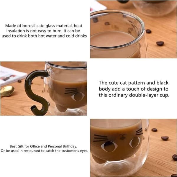 Tekopp - Katt - Dubbelväggigt glas - 300ml - Present - Diskmaskinssäker