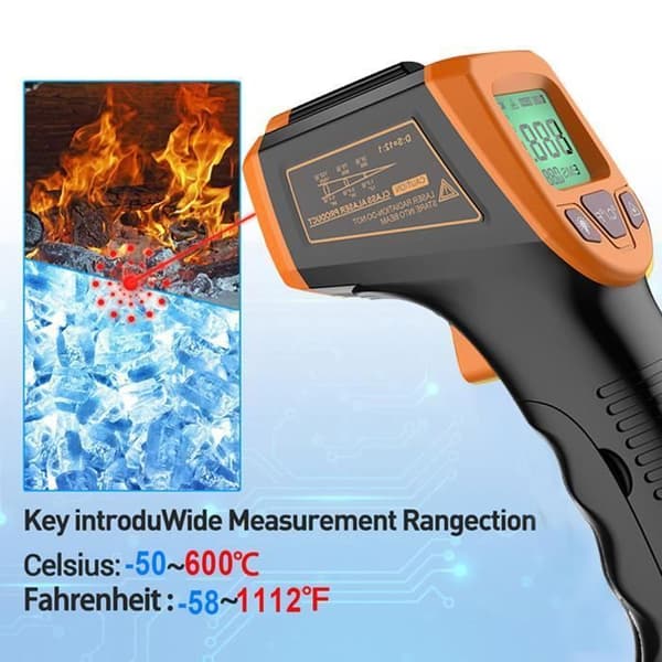 Infraröd termometer - Pistolstil - Område -50~600 ℃ - Noggrannhet ±1.5℃ - LCD med laser
