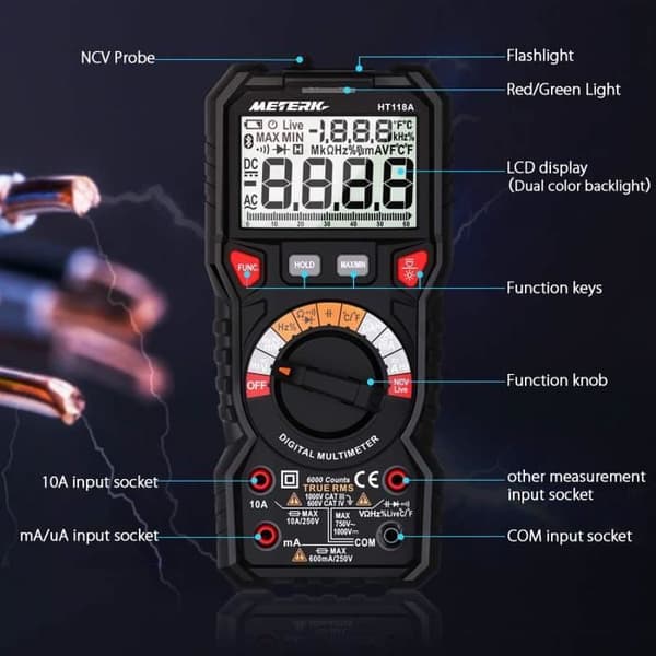 Multimeter, elektrisk testare, METERK Avancerad TRMS 6000 räkningar/amperemeter/voltmeter/ohmmeter/bakgrundsbelyst LCD-skärm