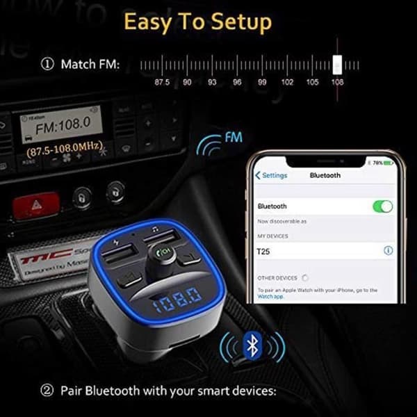 Bluetooth FM-sändare, trådlös bil Bluetooth-kit-adapter radiosändare med handsfree-samtal dubbla USB (lampa)