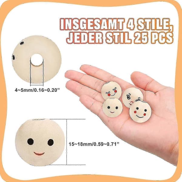 Träpärlor med ansikte - 100 träpärlor med smileyansikten (20 mm, runda pärlor för DIY-hantverk)