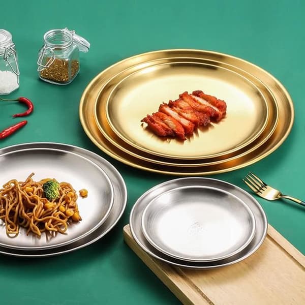 Brickor, set med 3 runda brickor i mässingsfärgad guld, serveringsbrickor i rostfritt stål, cateringbricka, dekorativ bricka, guld