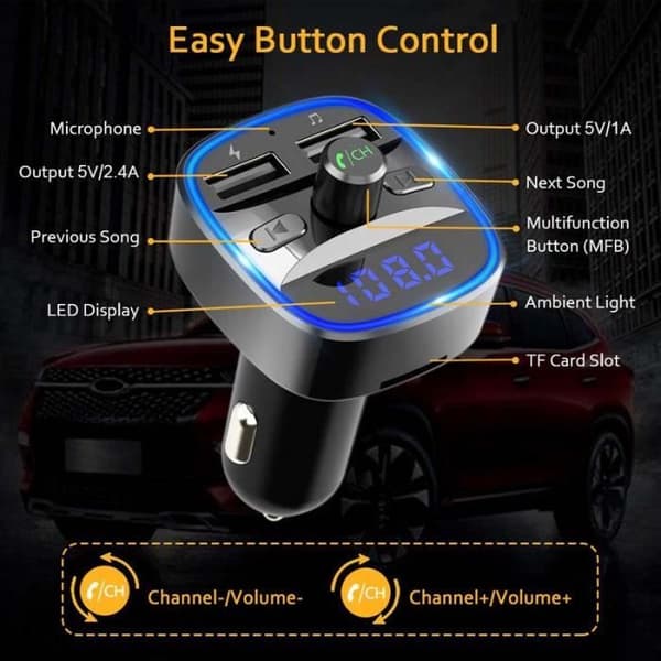 Bluetooth FM-sändare, trådlös bil Bluetooth-kit-adapter radiosändare med handsfree-samtal dubbla USB (lampa)
