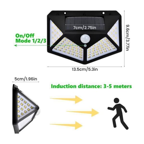 100 LED Utomhussollampor, 2-pack Utomhusbelysning med Rörelsesensor, 270° Strålvinkel, Vägglampa