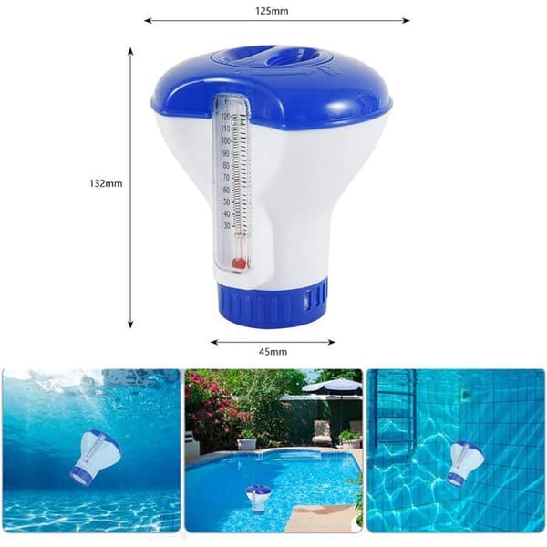 Flytande klordispenser för 13 cm pooler - liten justerbar klorboj - klorboj med termometer -