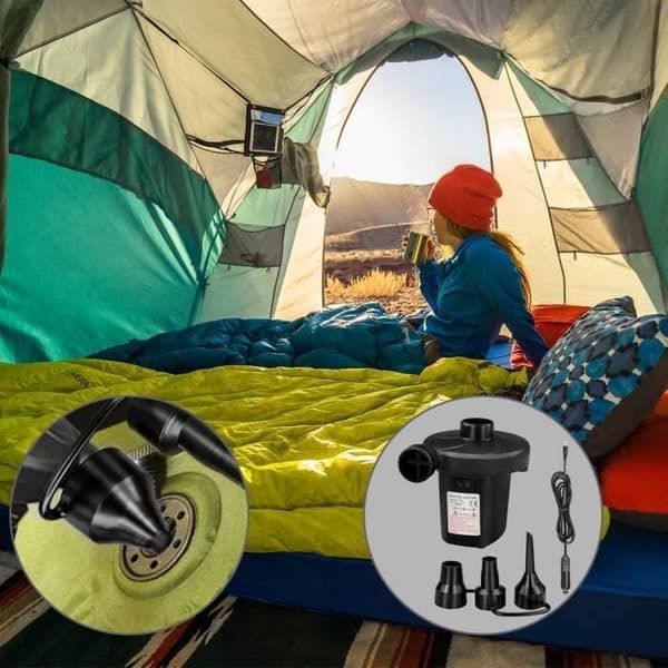 Elektrisk luftpump med 3 munstycken för uppblåsbara madrasser, camping, sängar, båtar, etc.