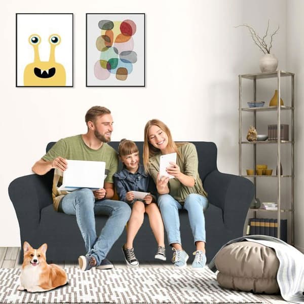 2-sits sofföverdrag med armstöd, universellt stretchigt sofföverdrag, jacquard sofföverdrag, tvättbart, mörkgrått Dark grey