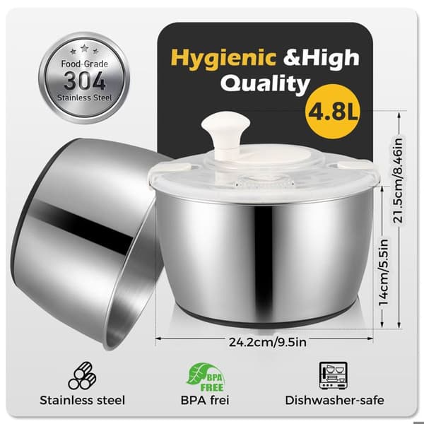 TTLIFE Stor 4,8L Salladsslunga i Rostfritt Stål med Transparent Lock, Halkfri Bas – Salladsslunga