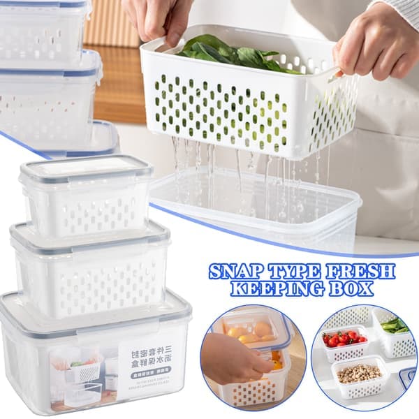 Kylskåp Dubbellager Färskbox Dränerande Förvaringsbehållare för Frukt och Grönsaker Grå Medium Medium