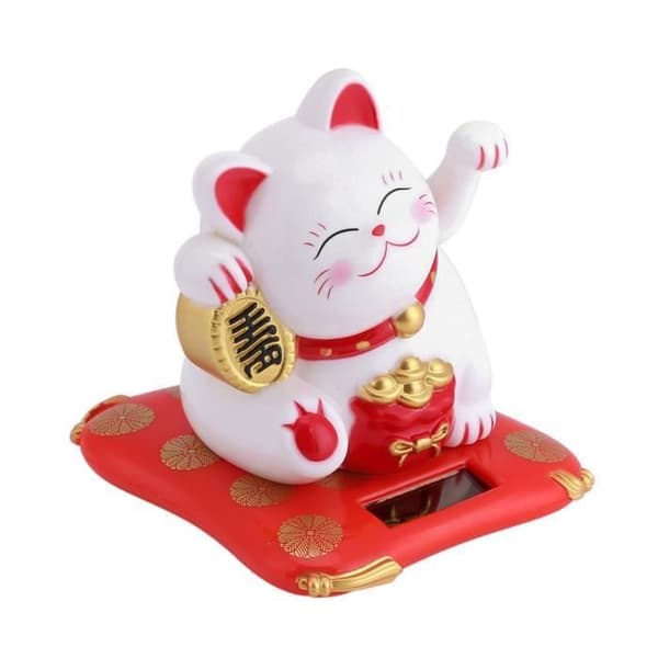 Lyckokatt - Maneki Neko - Soldriven - Vit och Röd - HB066
