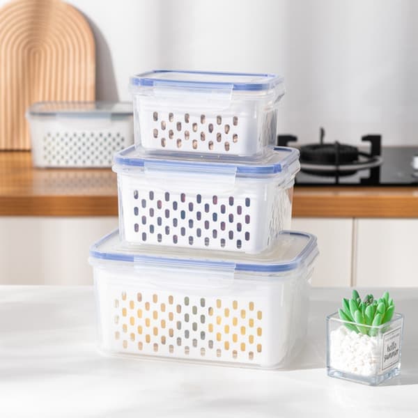 Kylskåp Dubbellager Färskbox Dränerande Förvaringsbehållare för Frukt och Grönsaker Grå Medium Medium