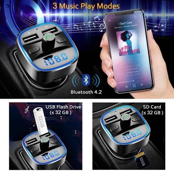 Bluetooth FM-sändare, trådlös bil Bluetooth-kit-adapter radiosändare med handsfree-samtal dubbla USB (lampa)