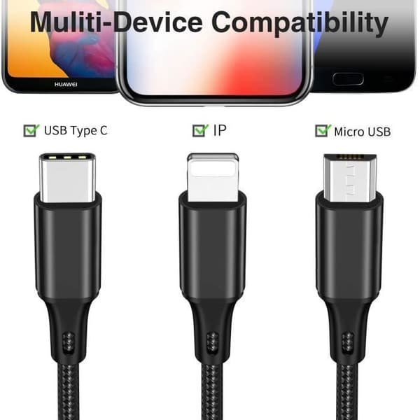 Multi USB-kabel - KENUOS PRO - 3 i 1 - Flätad Nylon - 1.2m - Röd