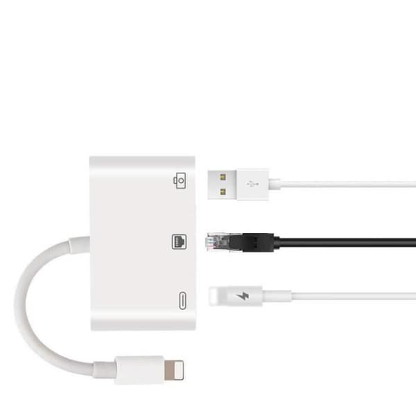 Lightning til RJ45 Ethernet-adapter LAN-adapter med nettverkskabel USB-kabel med ladeport hvit