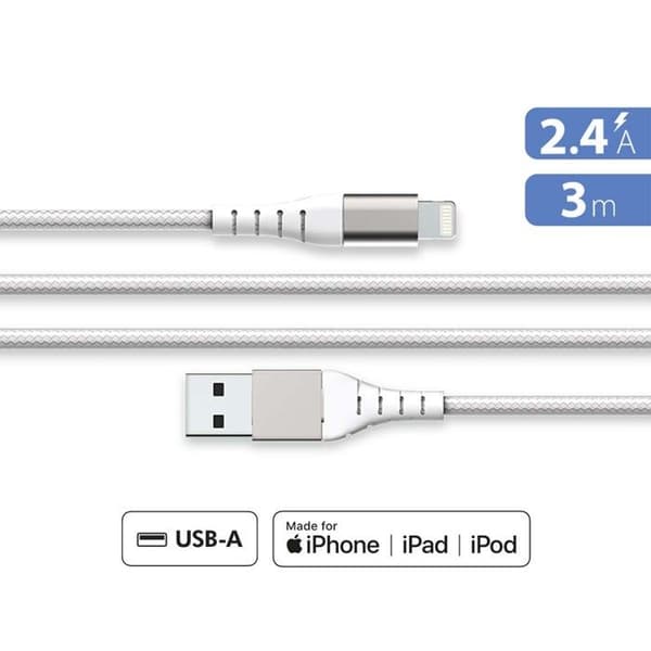 USB A/Ljuskabel - FORCE POWER - Lite - 3 m - 2.4A - Vit Vit