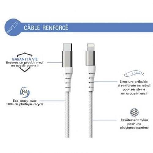 Laddnings- och synkroniseringskabel - Force Power - USB C/Lightning - 3m - 3A - Vit Vit