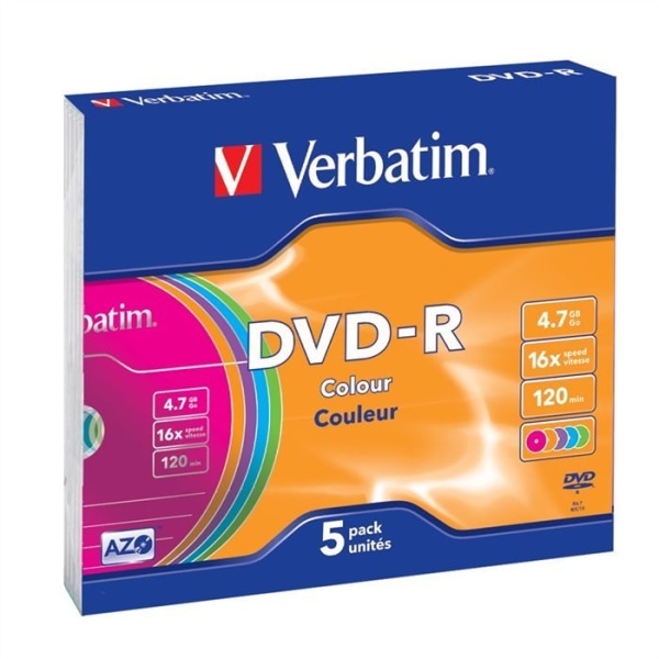 Verbatim DVD-R 16x - Paket med 5 - Tunt fodral - 4,7 GB - Färg