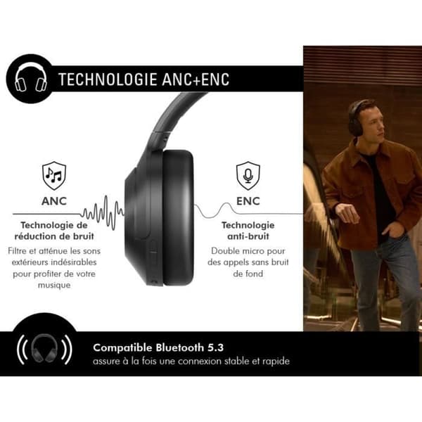 Bluetooth-hörlurar 5.3 - Play Immersion - FORCE PLAY - ANC - ENC - 60 timmars batteritid Svart