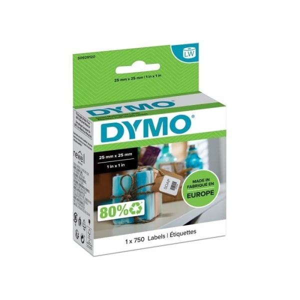 DYMO-etiketter för flera användningsområden - Kartong med 1 rulle med 750 etiketter (25 mm x 25 mm) - Semi-permanent klister