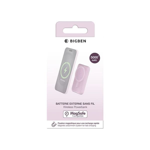 Extern batteri - BIGBEN CONNECTED - 5000mAh - Induktions MagSafe - USB A/USB-C - Rosa Ros