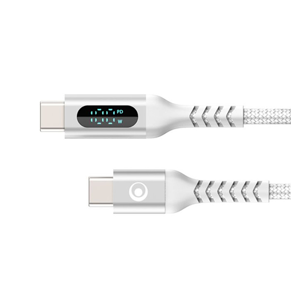 USB-C-kabel - BIGBEN - 1,2 m - PD 100W - Digital effektdisplay - Vit flätad nylon