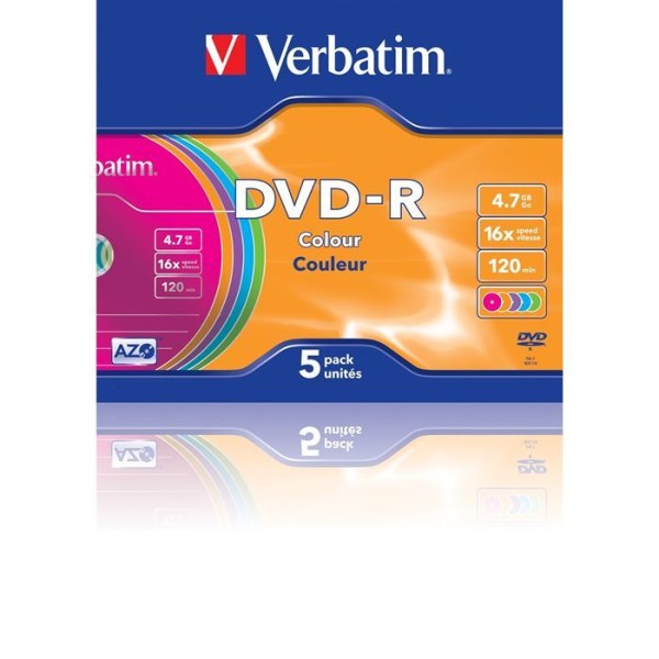 Verbatim DVD-R 16x - Pakke med 5 - Slankt etui - 4,7 GB - Farve