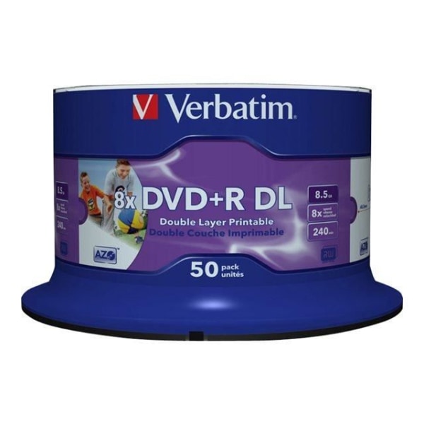 Lot om 50 DVDR 8x Verbatim - Dubbelt lager - Utskrivbar Import Storbritannien