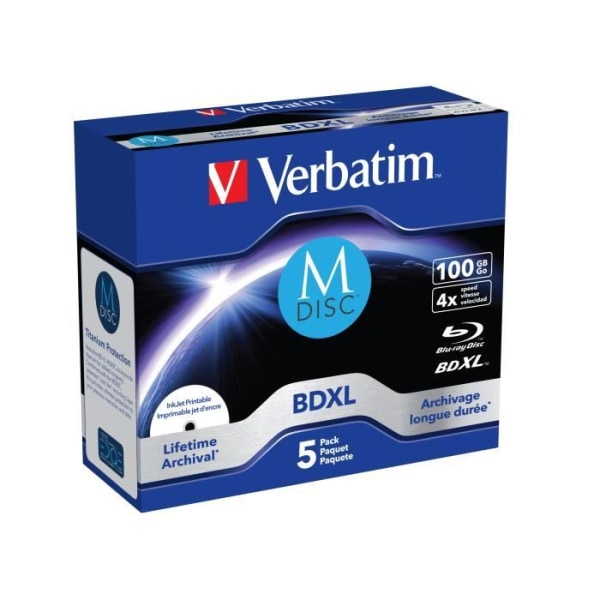 Verbatim M-Disc 4x. Typ: BDXL, Originalkapacitet: 100 GB Förpackningstyp: Smyckeskrin. Antal per förpackning: 5 stycken