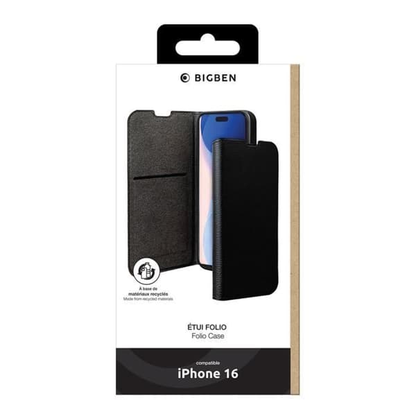 iPhone 16-fodral - BIGBEN - Folio Wallet - Svart - Fällbart stöd - Hållbara material Svart