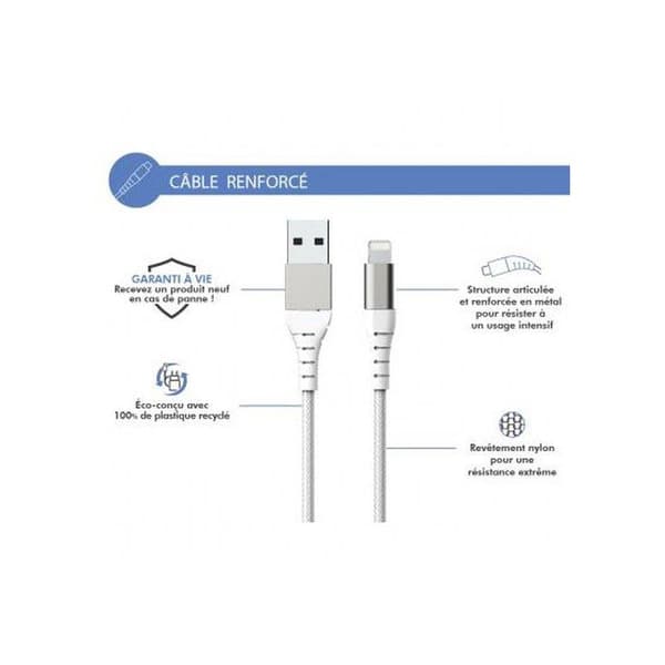 Förstärkt USB A/Lightning-kabel 2m - 2,4A Vit Force Power Vit Vit
