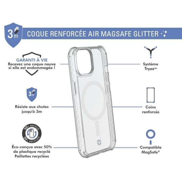 Coque - FORCE CASE - iPhone 13 / 14 - Förstärkt AIR - Transparent - Glitter Transparent
