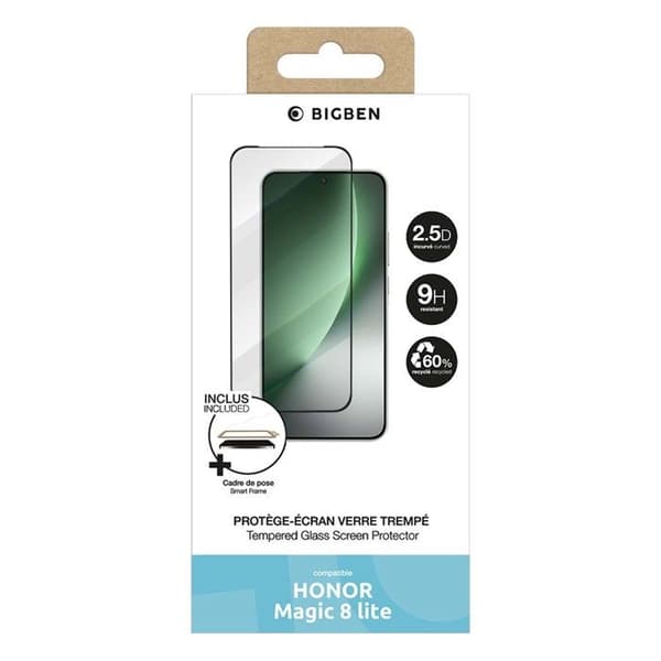 Skärmskydd - BIGBEN - Honor Magic 8 Lite - Härdat glas 9H - 2.5D - SmartFrame-guide Vit