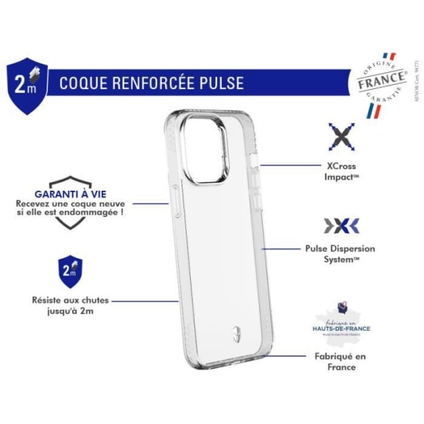 Apple iPhone 14 Pro Max PULSE-förstärkt fodral tillverkat i Frankrike Livstidsgaranti Transparent Force-fodral