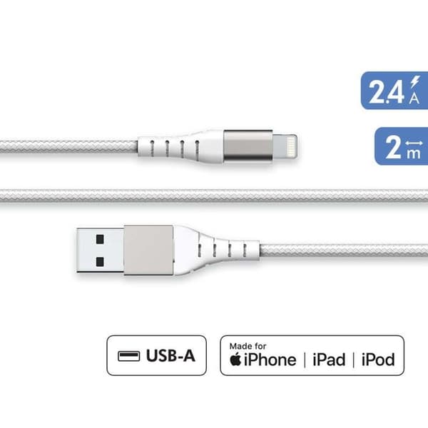 Förstärkt USB A/Lightning-kabel 2m - 2,4A Vit Force Power Vit Vit