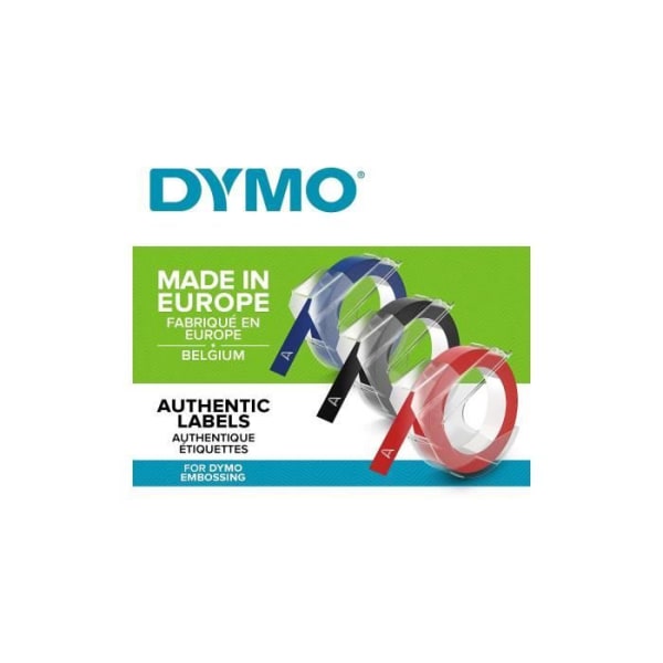 DYMO set med 3 3D-band i blister, blank finish, 9mm x 3m, diverse: Svart, Blå, Röd