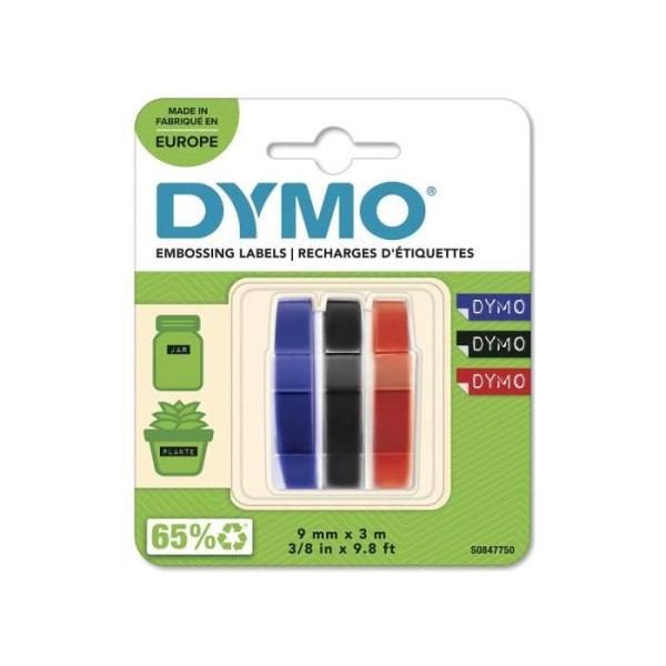 DYMO set med 3 3D-band i blister, blank finish, 9mm x 3m, diverse: Svart, Blå, Röd