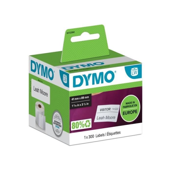 DYMO LabelWriter - Kartong med 1 rulle med 300 märkesetiketter - Semipermanent lim - 41 mm x 89 mm
