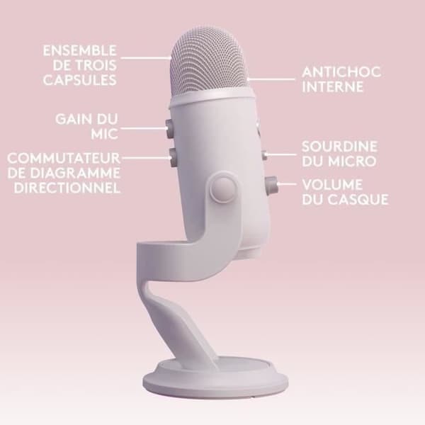 Mikrofon gamer - Trådad - Logitech G - Blå Yeti - USB - Vit Vit