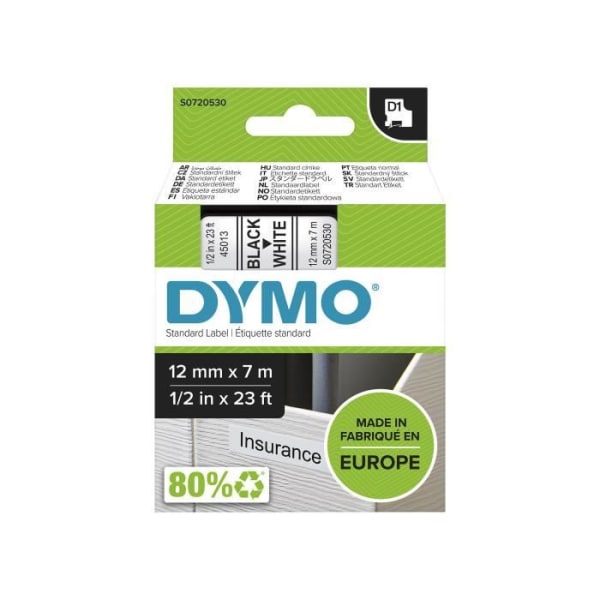 DYMO tejpkassett D1 12mm x 7m Svart/Vit (kompatibel med LabelManager och LabelWriter Duo)