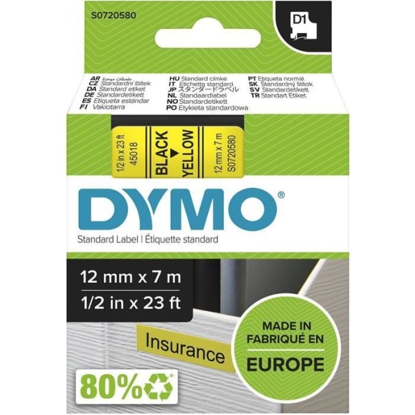 Dymo LabelManager D1 Tapes 12mm x 7m Svart/Gul (kompatibel med LabelManager och LabelWriter Duo)