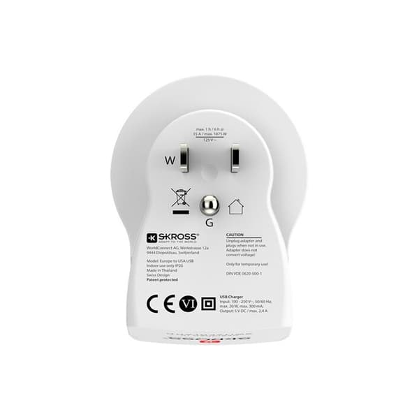 Adaptör - SKROSS - Europa till USA+ - 2 USB - Vit - Rektangulär Vit