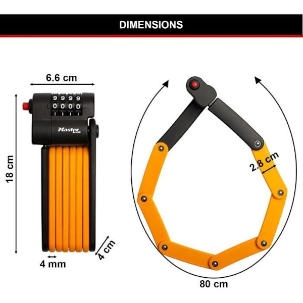 Kodet cykellås - MASTER LOCK - 8336EURDPRO - Hærdet stål, programmerbar kombination, støtte inkluderet Orange