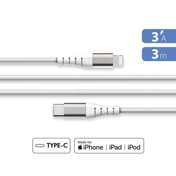 Laddnings- och synkroniseringskabel - Force Power - USB C/Lightning - 3m - 3A - Vit Vit