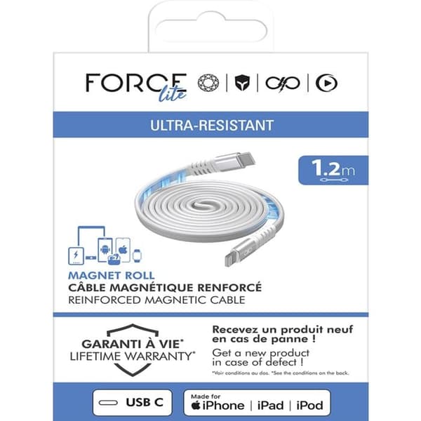 USB-kabel - FORCE POWER - Förstärkt magnetisk USB-C till Lightning - 60W PD 3A - Platt 1,2m - Vit