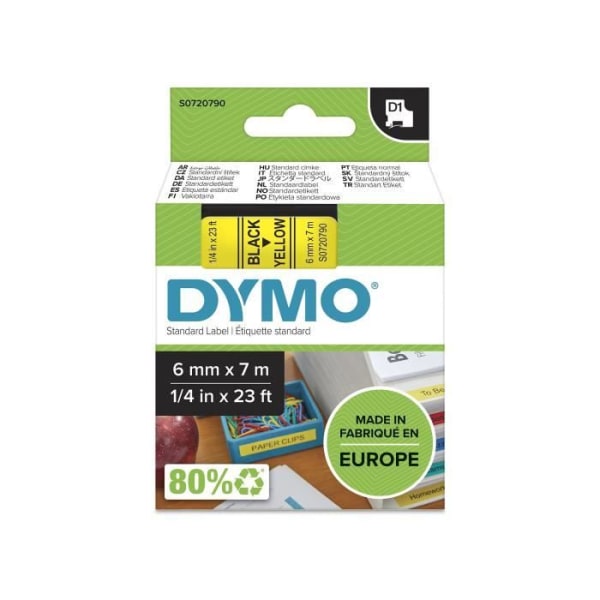 DYMO LabelManager tejpkassett D1 6mm x 7m Svart/Gul (kompatibel med LabelManager och LabelWriter Duo)