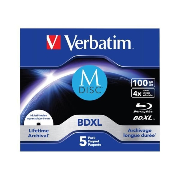 Verbatim M-Disc 4x. Typ: BDXL, Originalkapacitet: 100 GB Förpackningstyp: Smyckeskrin. Antal per förpackning: 5 stycken
