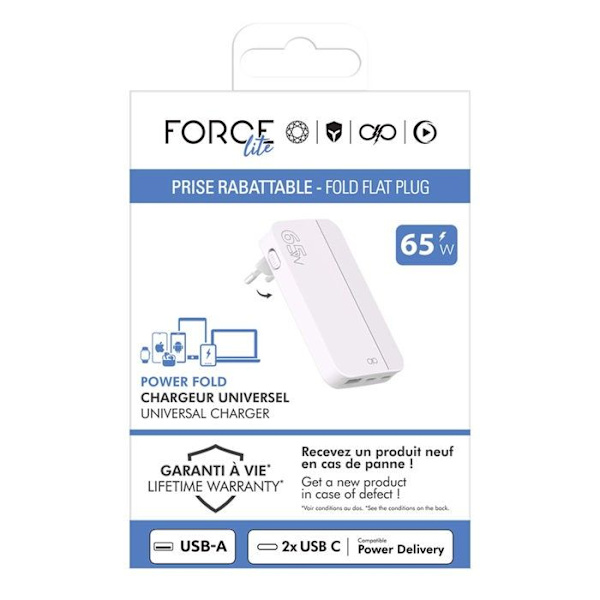 Nätadapter - FORCE POWER - Force Power Lite - 65W - USB-A + 2 USB-C - Fällbar GaN Vit Vit