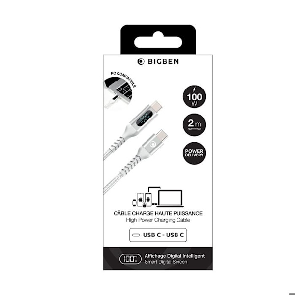 USB-C-kabel - BIGBEN - PD 100W 2m - Digital effektdisplay - Flätad nylon - Vit